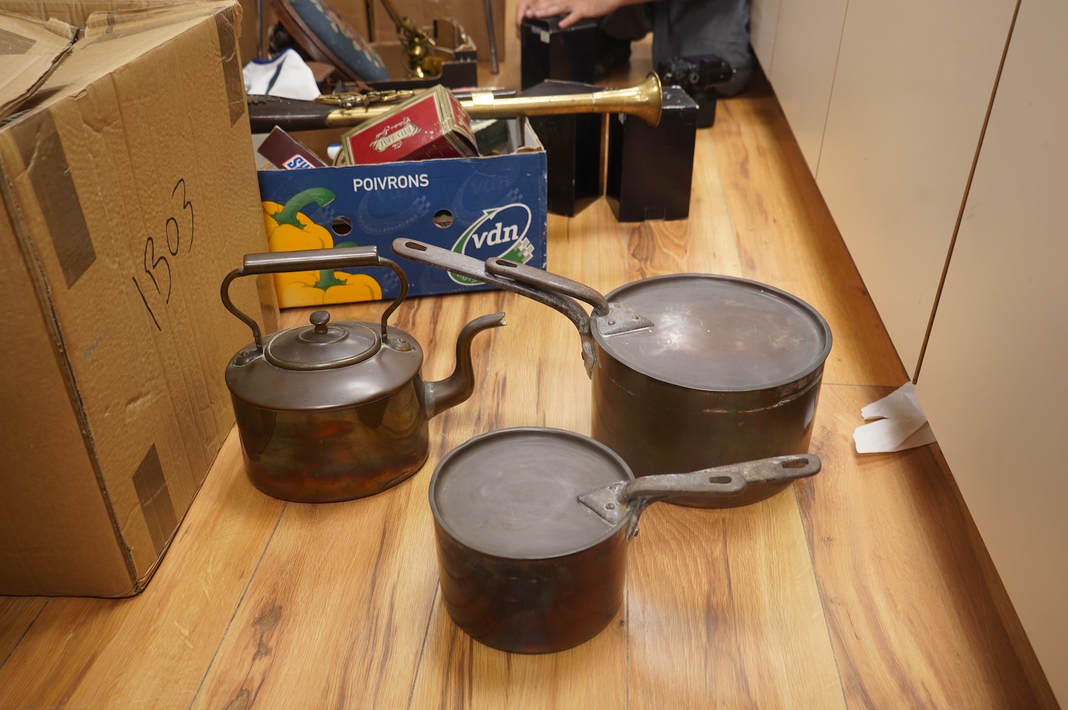 Two Benham & Froud copper saucepans and a copper kettle, largest 43cm in length